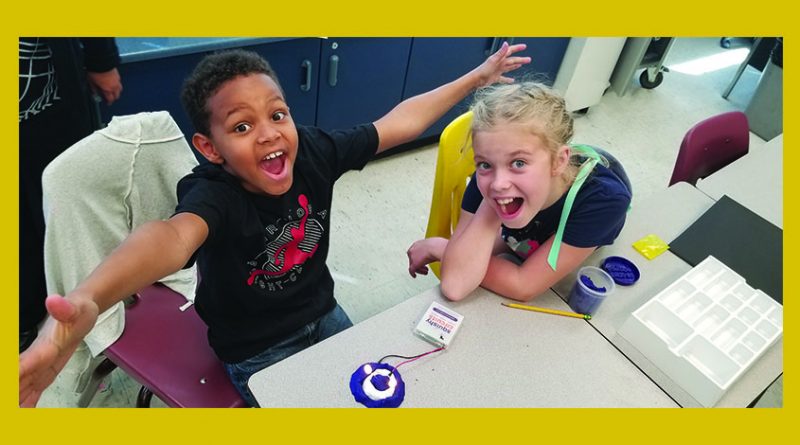 Two students celebrate their Squishy Circuit creation.